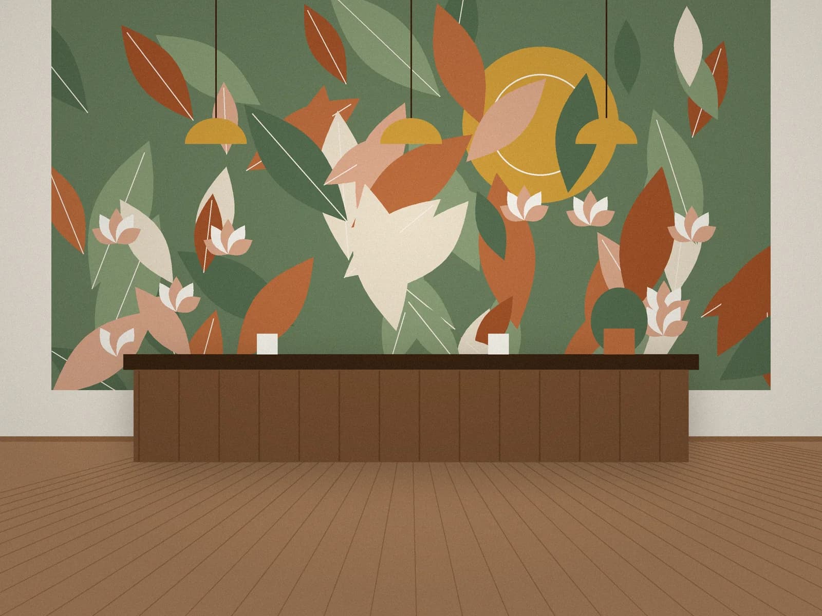 Botanical mural in sage and terracotta behind a café counter with pendant lights