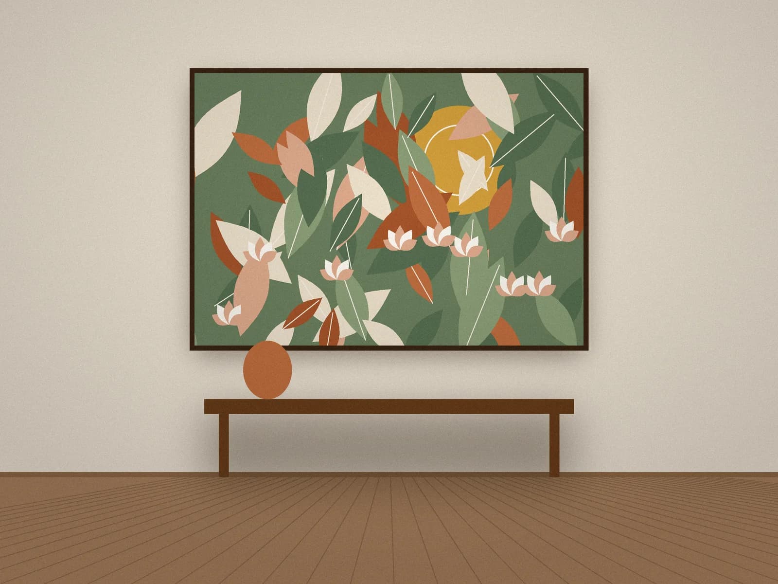Framed botanical painting above a wooden console