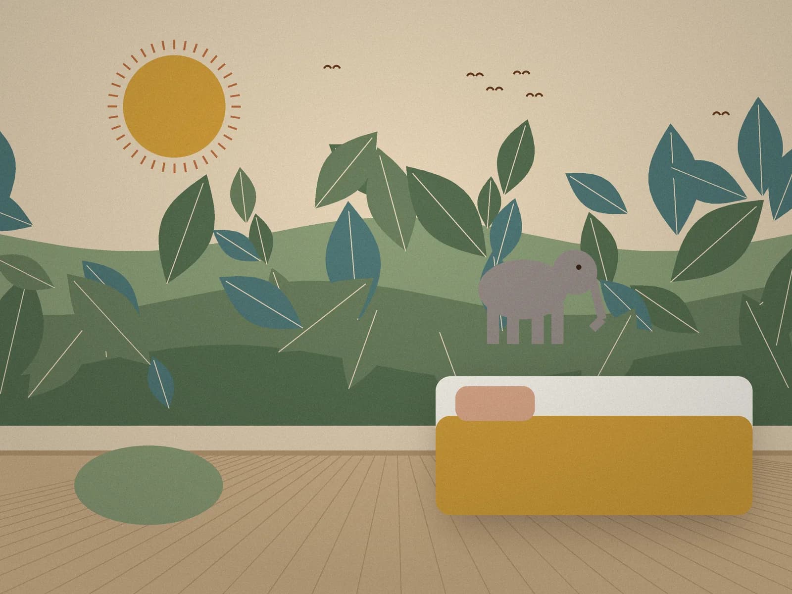 Hand-painted jungle mural with hills, leaves and an elephant in a child's bedroom