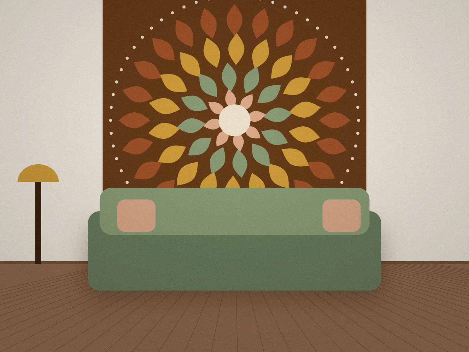 Large mandala of petals on an umber wall above a green sofa