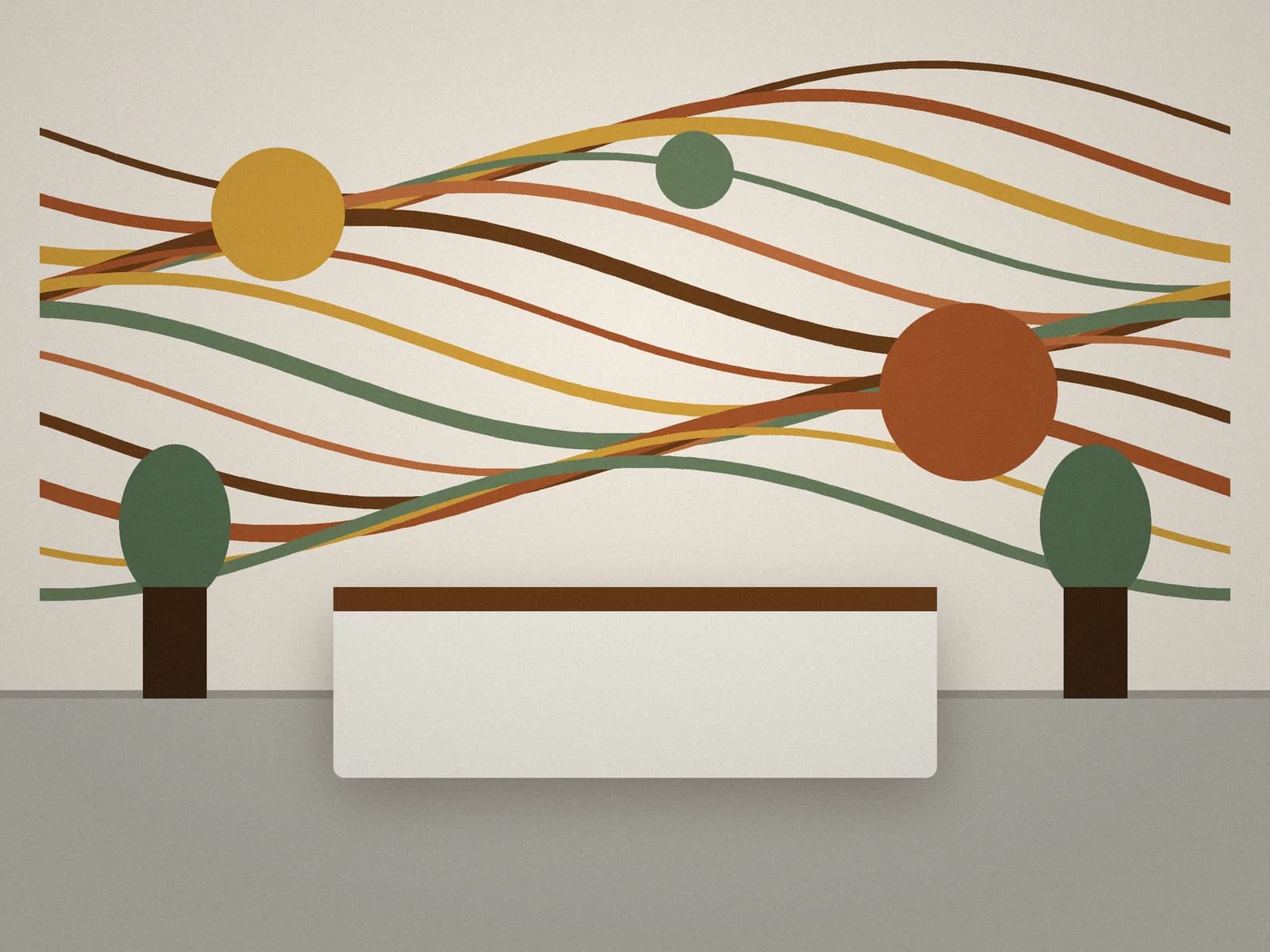 Abstract flowing lines in ochre, terracotta and sage behind an office reception desk