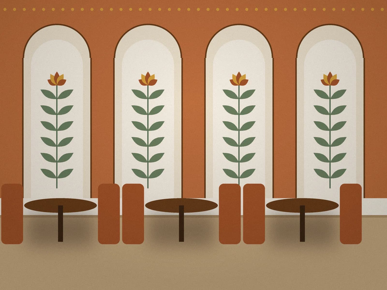 Four cream arches with plant motifs painted on a terracotta restaurant wall